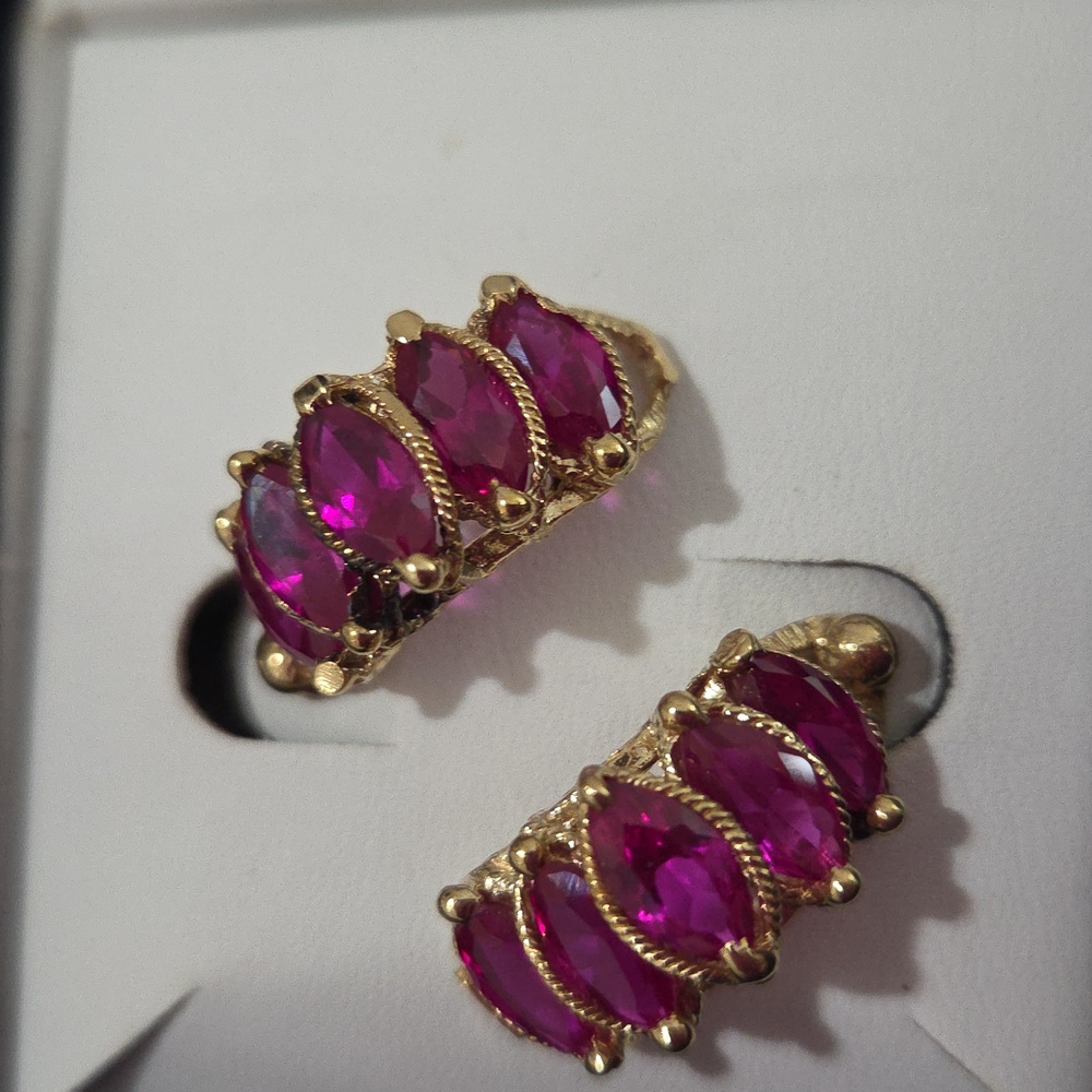 Solid 14k Gold Ruby Red Marquise Stud Earrings - image 2